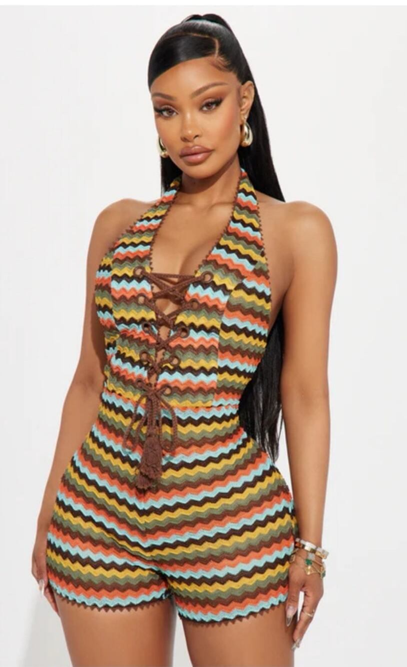 FashionNova Kaui Crochet Halter Romper Multicolor Knit Festival Boho Summer Sz M